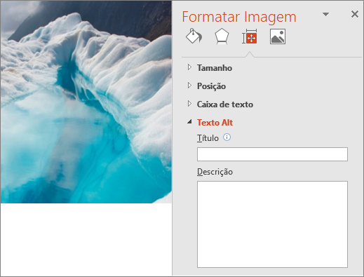 Antiga imagem de lago glacial com a caixa de diálogo Formatar Imagem não mostrando o Texto Alt na caixa Descrição.