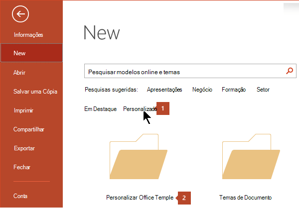 Em Arquivo > Novo, clique em Modelos personalizados do Office personalizados.