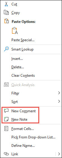 Imagem do menu de contexto do botão direito do Excel