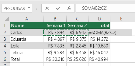 A célula D2 mostra a fórmula de Soma AutoSoma: =SOMA(B2:C2)