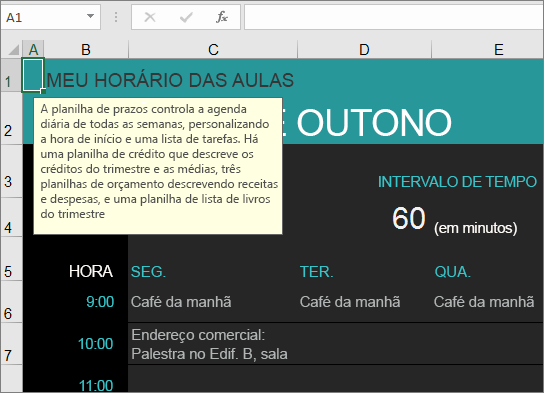 Novo modelo do Gerenciador de Curso da Faculdade do Excel com descrições dos elementos.