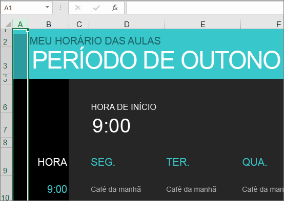 Antigo modelo do Gerenciador de Curso da Faculdade do Excel sem descrições de elementos.