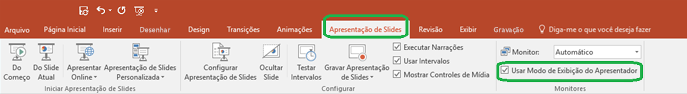 A opção Modo de Exibição do Apresentador é controlada por uma caixa de seleção na guia Apresentação de Slides, na Faixa de Opções do PowerPoint.