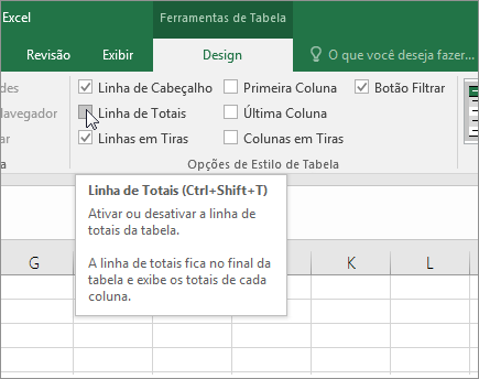 Opção Linha de Totais na guia Design