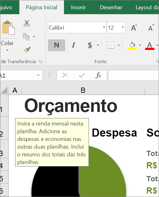 Recorte de tela da interface de usuário do Excel mostrando instrução interna.