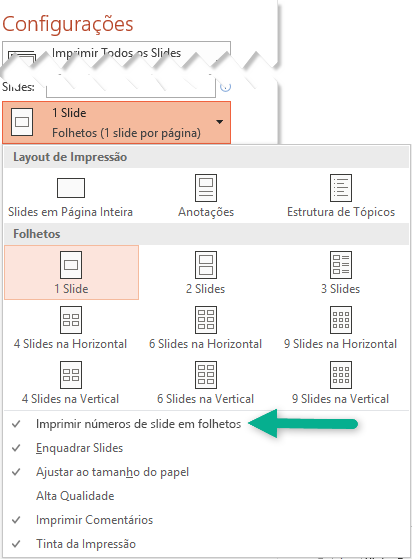 Imprimir números de slide em folhetos.