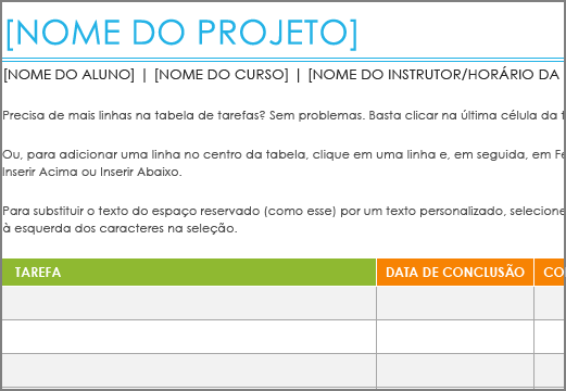 Antigo modelo da Lista de tarefas do Project com uma fonte mínima de 8,5 pontos.