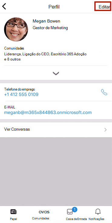 Captura de ecrã a mostrar um perfil editado na aplicação yammer para dispositivos móveis