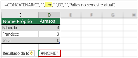 Erro #NOME? causado pela ausência de aspas nos valores de texto