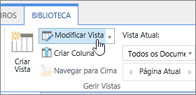 Opção modificar vista do separador Biblioteca do Friso do SharePoint Online