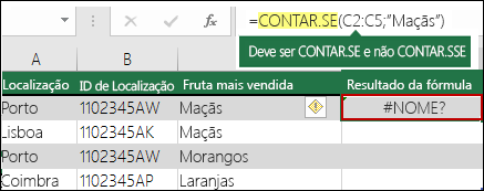 Erro #NOME? causado por um erro de digitação na sintaxe