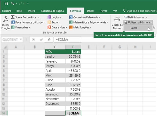 Clique em "Utilizar na Fórmula" para adicionar um nome definido à sintaxe de uma fórmula