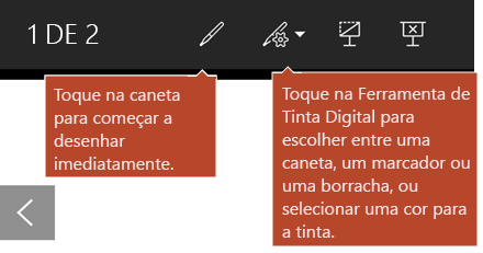 Ferramentas de Tinta Digital disponíveis na vista Apresentação de Diapositivos.