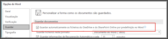 A caixa de diálogo Ficheiro > Opções > Guardar a apresentar a caixa de verificação para ativar ou desativar a funcionalidade Guardar Automaticamente