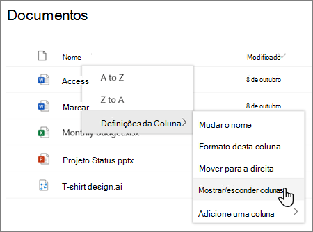 A opção Definições de coluna > Mostrar/ocultar colunas quando um cabeçalho de coluna está selecionado numa lista ou biblioteca moderna do SharePoint