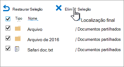 Reciclagem de segundo nível do SharePoint 2016 com todos os itens selecionados e eliminados realçados