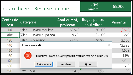 Exemplu de mesaj de intrare nevalidă