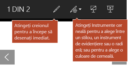 Instrumente cerneală disponibile în vizualizarea Expunere diapozitive.