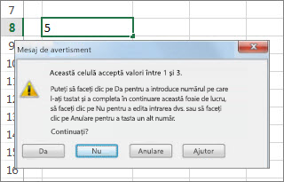Mesajul de avertisment indică date nevalide