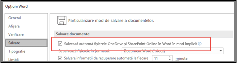 Fișier > Opțiuni > caseta de dialog Salvare afișând caseta de selectare pentru activarea sau dezactivarea salvării automate