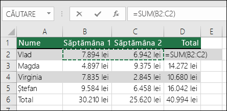 Celula D2 arată formula de sumă Însumare automată: =SUM(B2:C2)