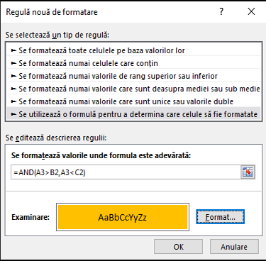Caseta de dialog Formatare condiționată > Editare regulă cu metoda Formulă