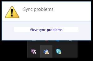 Начальное диалоговое окно проблем синхронизации, которое появляется, если щелкнуть значок облака