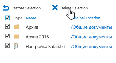 Вторая корзина SharePoint 2016, в которой выбраны все элементы и выделена кнопка "Удалить"