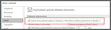 Dialógové okno Súbor > Možnosti > Uložiť zobrazujúce začiarkavacie políčko na zapnutie alebo vypnutie automatického ukladania