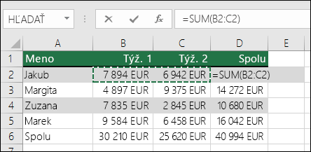 Bunka D2 zobrazí vzorec Automatický súčet a Sum: =SUM(B2:C2)