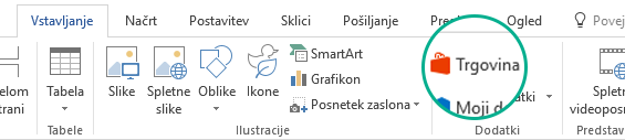 Uporaba gumba »Store« na zavihku »Vstavljanje« na Officeovem traku za namestitev dodatkov za Office