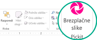 Ko namestite dodatek »Pickit Free Image«, je prikazan skrajno desno na zavihku »Osnovno« na traku.
