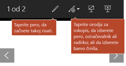 Orodja za rokopis so na voljo v pogledu diaprojekcije.