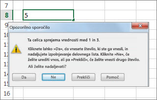 Opozorilno sporočilo zaradi neveljavnih podatkov