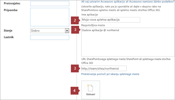 Nov zaslon za ustvarjanje programa Access Web App