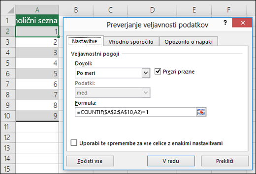 4. primer: Formule za preverjanje veljavnosti podatkov