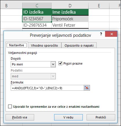 6. primer: Formule za preverjanje veljavnosti podatkov