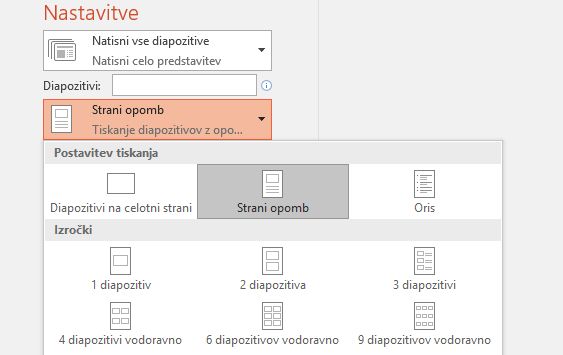 posnetek zaslona možnosti tiskanja opomb