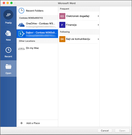 Dijalog za otvaranje datoteke u programu Microsoft Word za Mac za Office 365