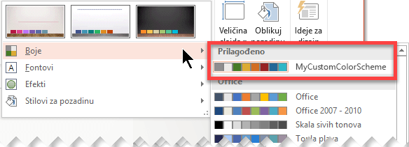 Kada definišete prilagođenu šemu boja, ona se pojavljuje u padajućem meniju „Boje“