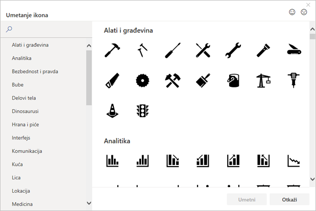 Ikonu za umetanje možete odabrati u biblioteci „Ikona“ u sistemu Office