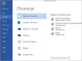 Otvoreno mesto u programu Word 2013