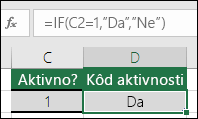 Ćelija D2 sadrži formulu =IF(C2=1,"YES","NO")