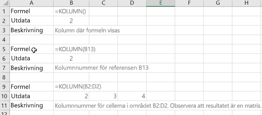 Exempel på funktionen KOLUMN