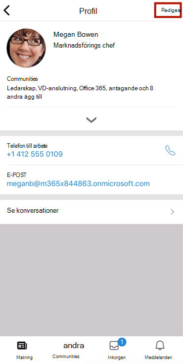 Skärmbild som visar en redigerad profil i Yammer-mobilappen