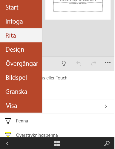 Visar fliken Rita i Office Mobile.