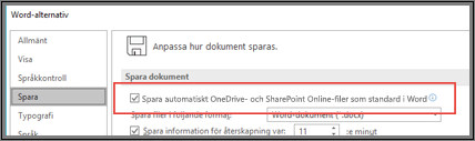 Dialogrutan Arkiv > Alternativ > Spara visar kryssrutan som aktiverar eller inaktiverar Spara automatiskt