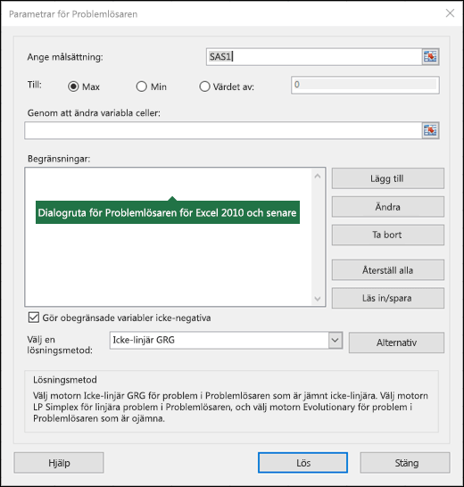 Bild av dialogrutan Problemlösaren i Excel 2010+