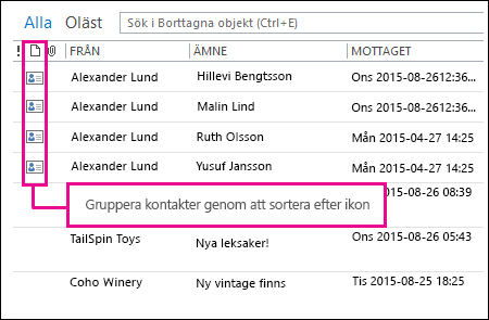 Ikonen Sortera efter för att gruppera kontakter i mappen Borttaget