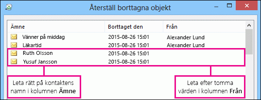 Hitta kontakter genom att sortera efter kolumnen Ämne eller Från